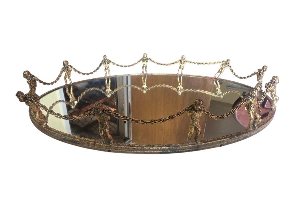 Antique Vintage GLOBE 24 karat 12 Boy Angel CHERUBS w chain oval dresser mirror